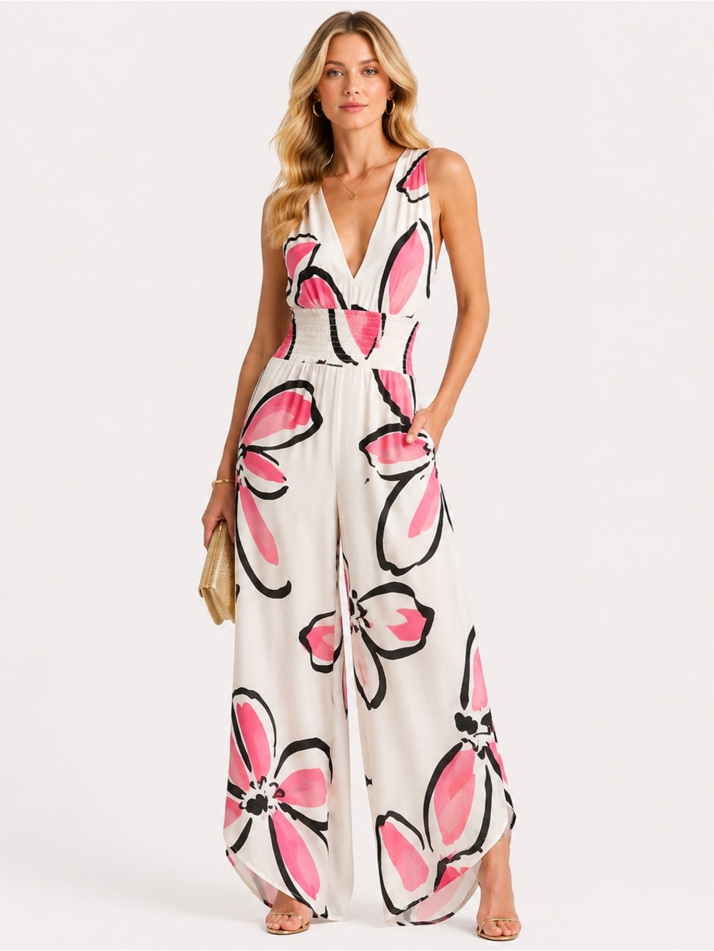 White Sleeveless Jumpsuit with Pink Floral Print